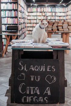 A cute cat sits in a cozy Mexico City bookstore surrounded by shelves of books.