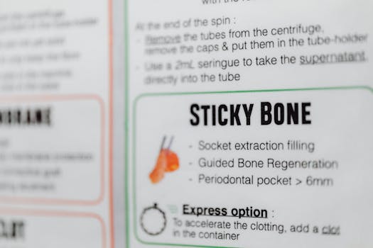 A detailed close-up of medical instructions for sticky bone use in dental care.