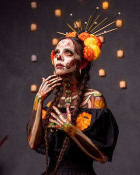 Captivating portrait of a woman in Catrina makeup celebrating Día de Muertos in Mexico City.