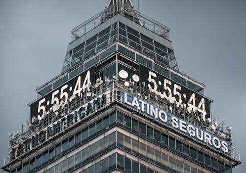 Close-up of Torre Latinoamericana with digital clock in Mexico City.