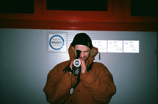 Man in a brown jacket filming indoors with a vintage video camera.