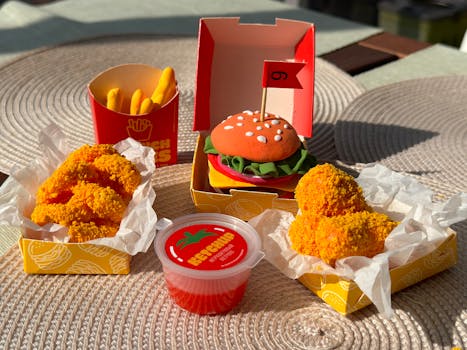 Playful artificial food set with burger, fries, and ketchup.