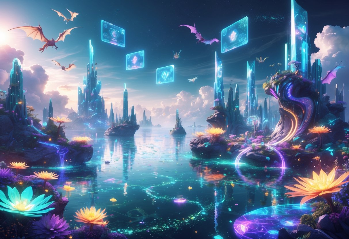 Un paisaje fantástico con una ciudad flotante sobre aguas cristalinas, rodeada de criaturas luminosas y vegetación brillante bajo un cielo con luces y símbolos holográficos.