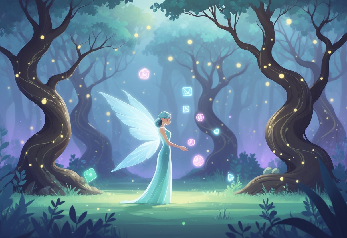 Una figura etérea con alas translucidas en un bosque iluminado suavemente, rodeada de pequeños iconos brillantes flotando como criaturas mágicas.