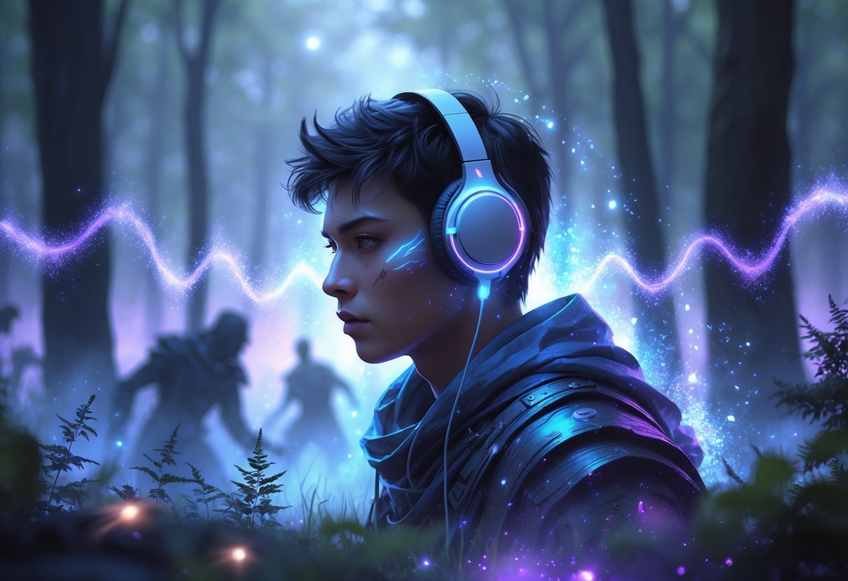 Un guerrero joven con auriculares luminosos en un bosque mágico, rodeado de ondas sonoras brillantes y criaturas míticas en batalla.