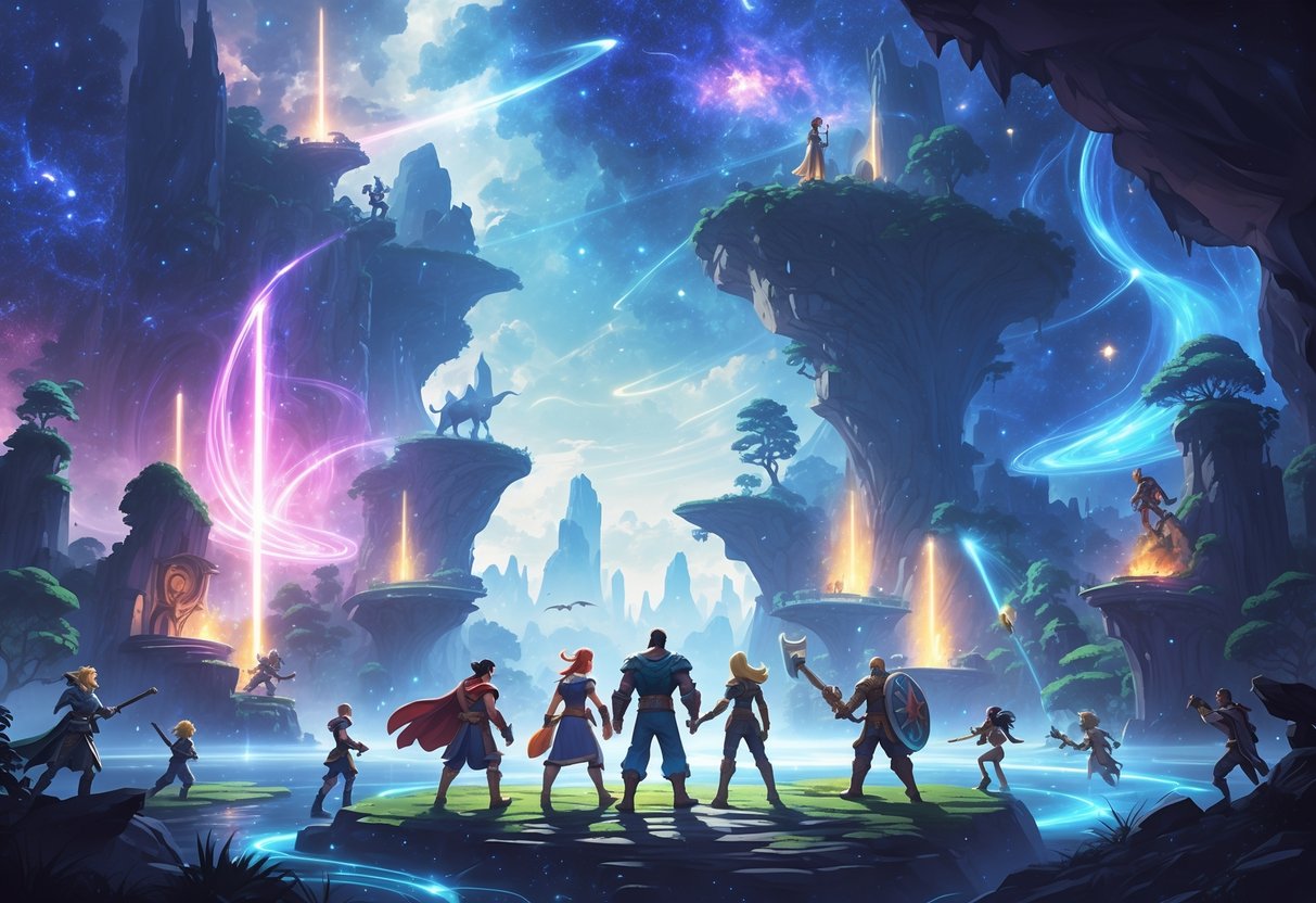 Personajes icónicos de distintos videojuegos se reúnen en un paisaje fantástico que combina ciudades futuristas, bosques antiguos y portales mágicos, interactuando en una escena llena de energía y aventura.