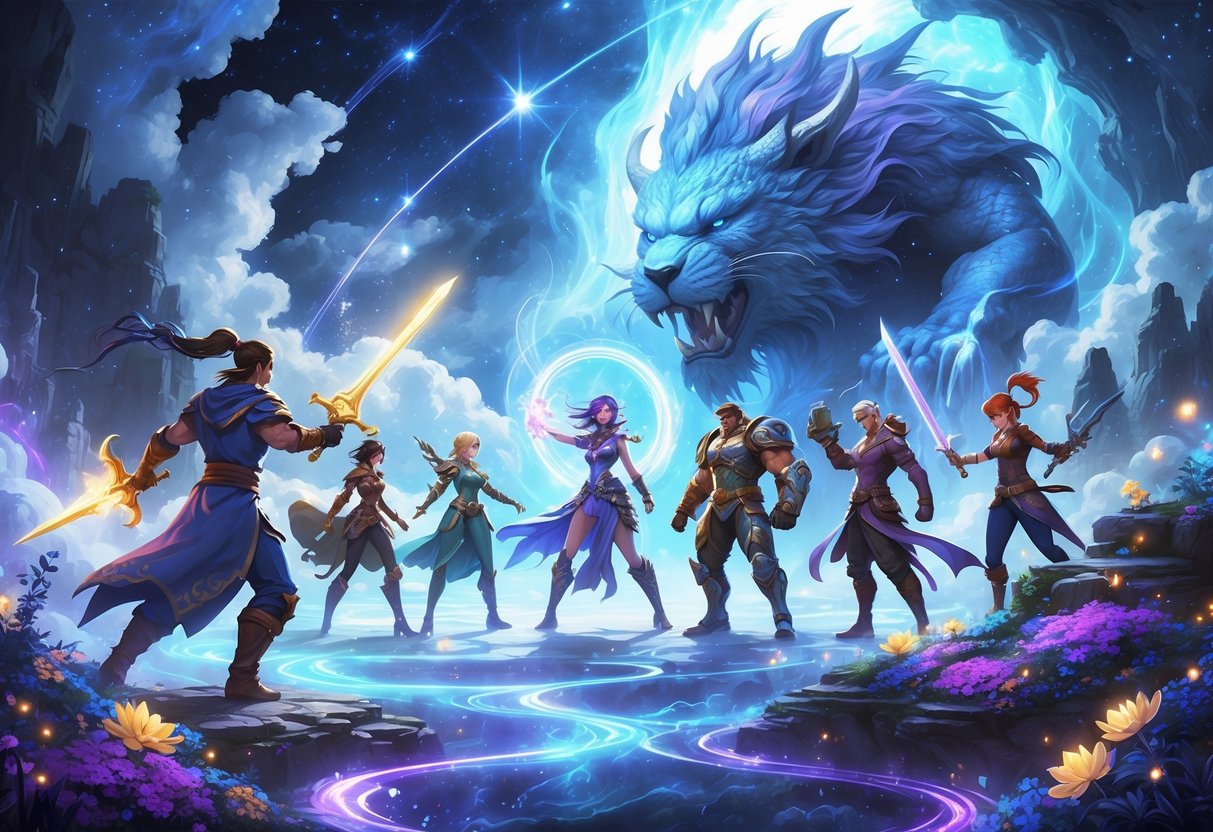 Un grupo de héroes legendarios de videojuegos en un campo de batalla fantástico, enfrentándose juntos a una bestia mítica gigante en un paisaje con islas flotantes y luces mágicas.
