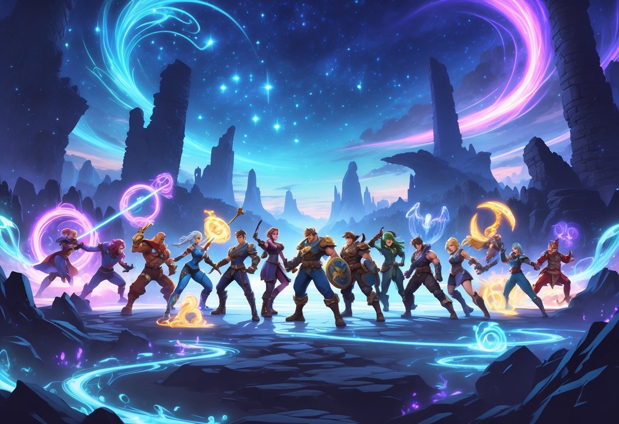Una escena con personajes icónicos de videojuegos en un campo de batalla místico, rodeados de energías brillantes y paisajes flotantes, enfrentándose en una batalla épica.