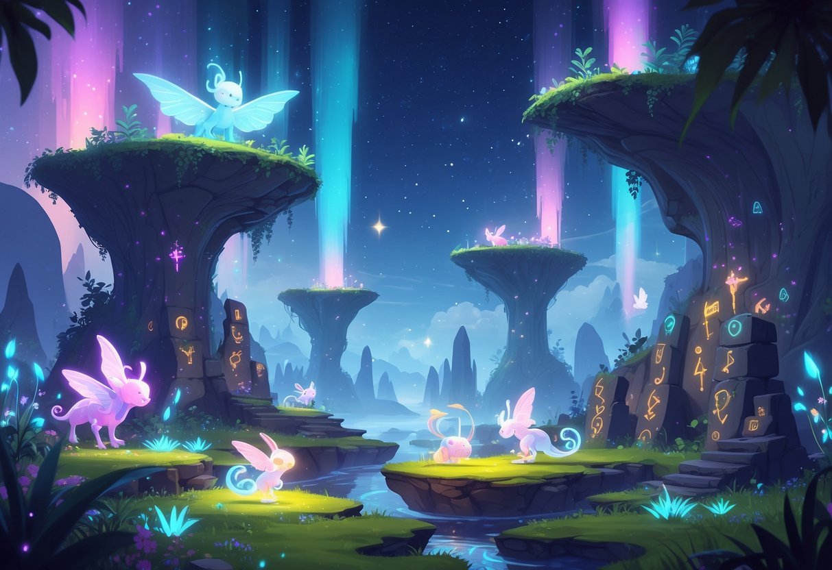 Un paisaje fantástico con un bosque brillante, islas flotantes, criaturas mágicas y portales luminosos en un cielo crepuscular.