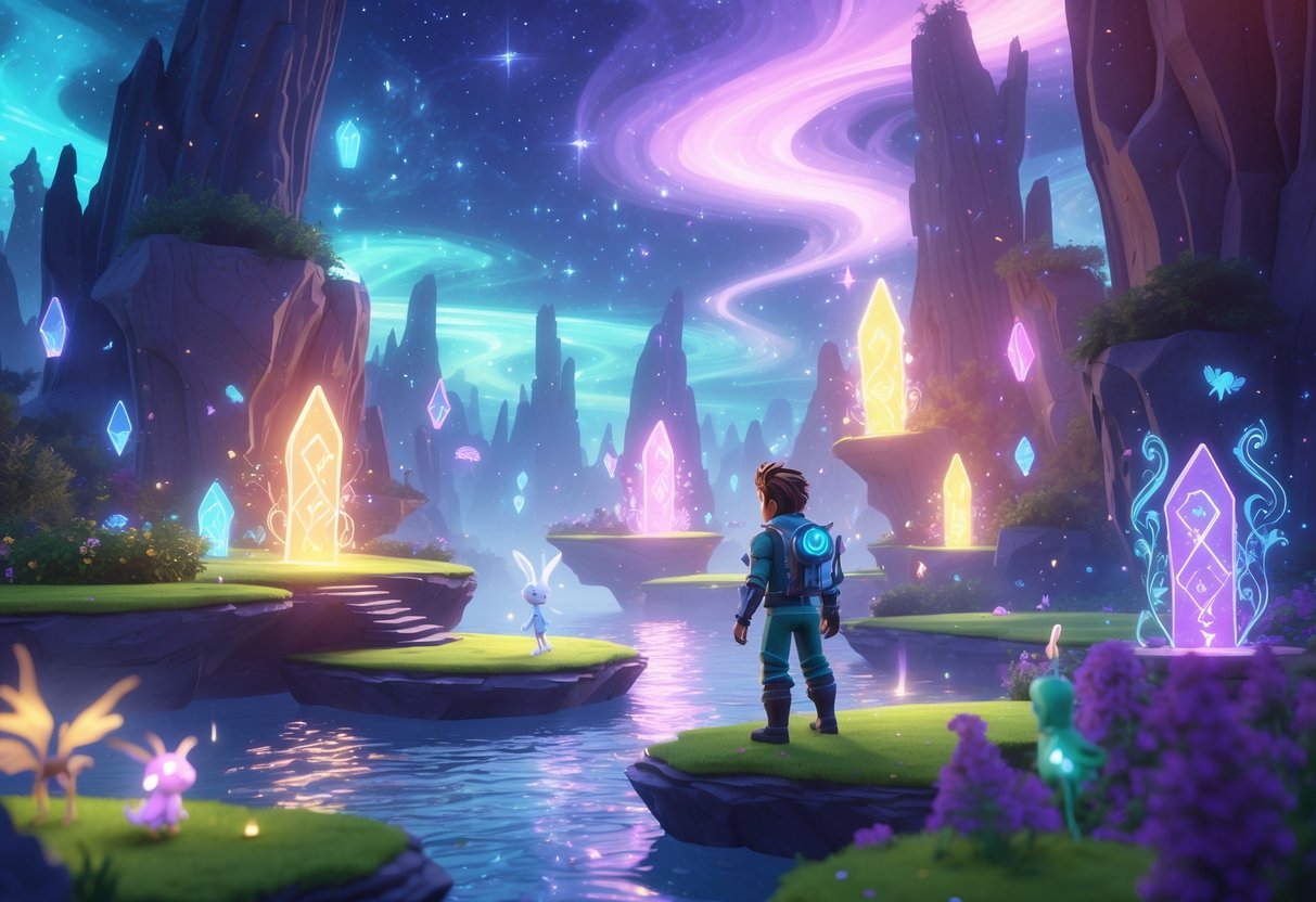 Un aventurero explora islas flotantes con bosques encantados y portales ocultos rodeados de criaturas mágicas y luces brillantes bajo un cielo estrellado.
