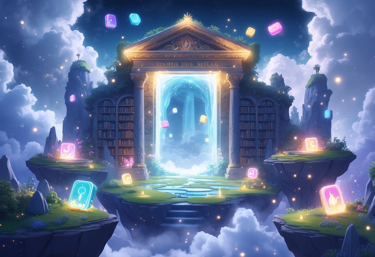 Un paisaje fantástico con una biblioteca antigua flotando en las nubes, rodeada de islas flotantes con vegetación luminosa y criaturas mágicas explorando, con un portal brillante que conduce a mundos desconocidos.