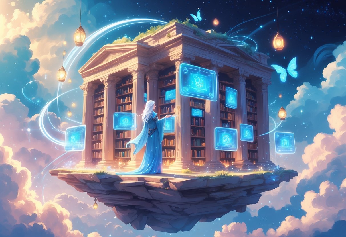 Una biblioteca antigua flotando en un cielo luminoso con nubes y estrellas, donde una figura vestida con túnicas interacciona con pantallas holográficas brillantes y dispositivos flotantes, rodeada de luces y criaturas luminosas.