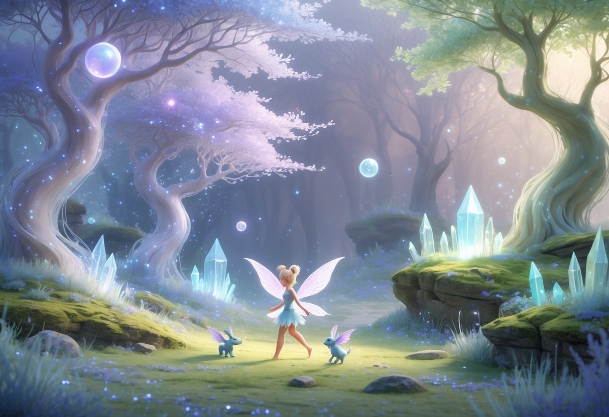 Un bosque mágico con árboles brillantes y criaturas pequeñas y fantásticas jugando entre luces suaves y niebla.