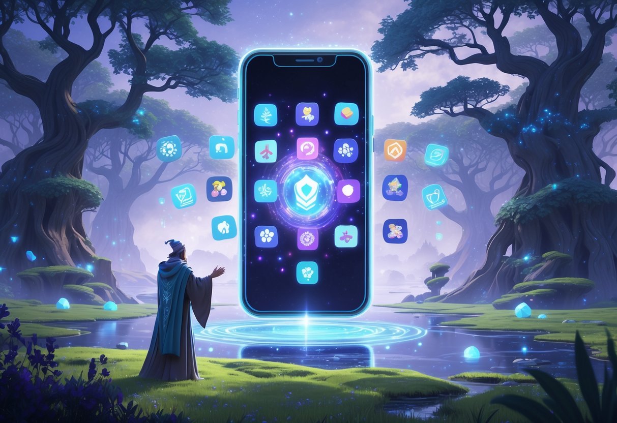 Un portal brillante en forma de teléfono móvil flota sobre un claro de bosque, rodeado de símbolos holográficos y un personaje encapuchado interactuando con él.