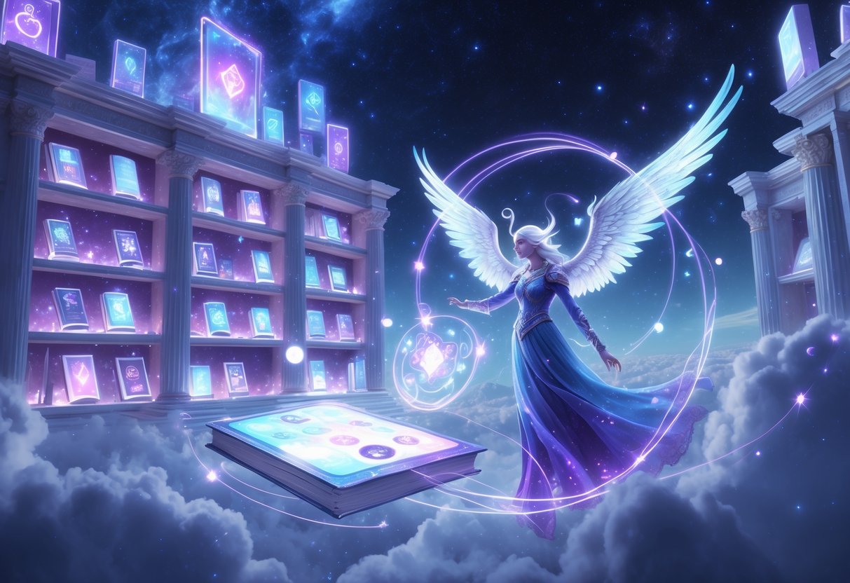 Una figura luminosa en una biblioteca antigua flotante rodeada de libros brillantes y pantallas flotantes con símbolos tecnológicos, en un cielo cósmico estrellado.