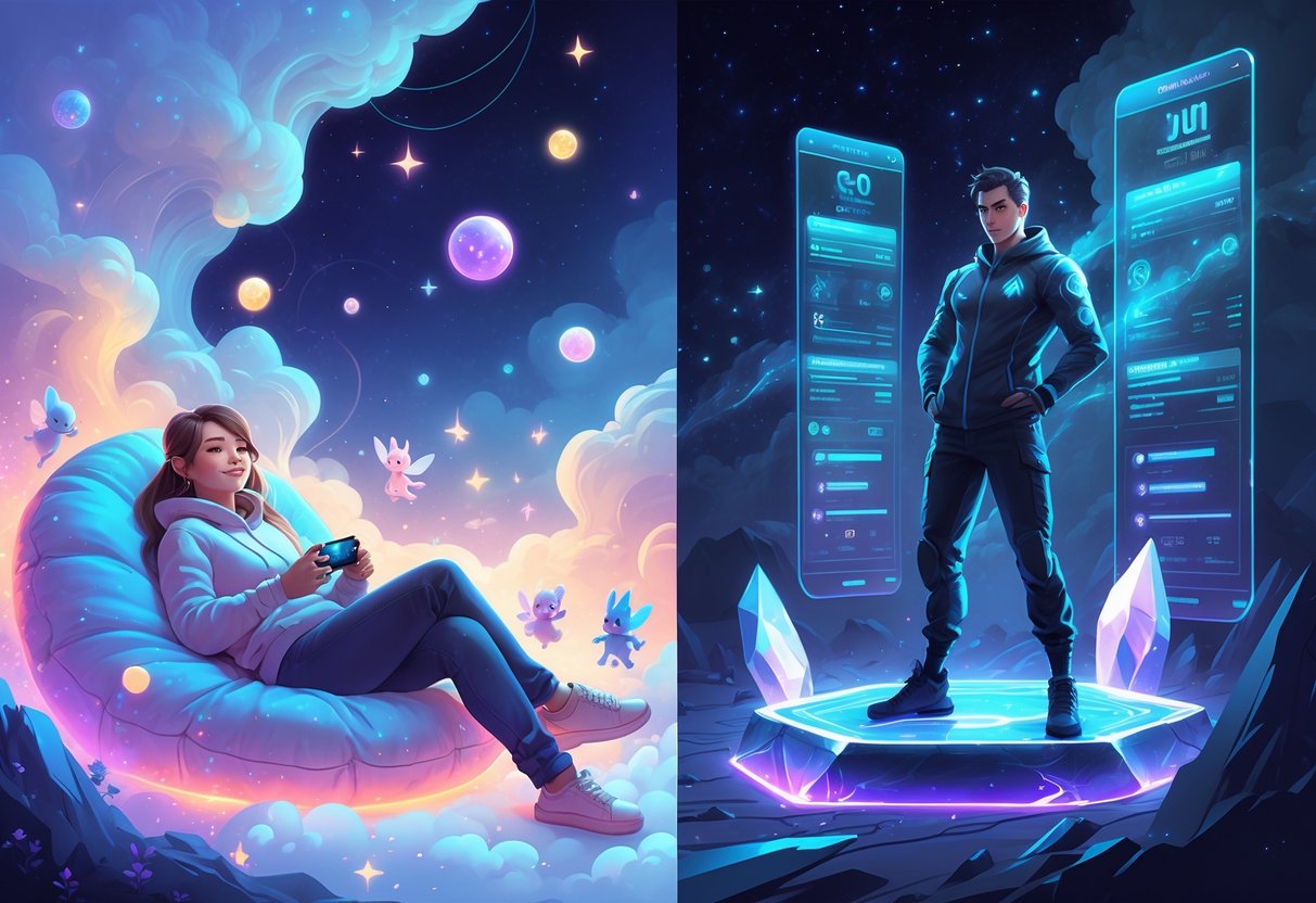 Dos jugadores en un escenario fantástico: uno relajado sentado en un cojín flotante con luces suaves, y otro de pie con postura decidida rodeado de energía brillante y pantallas holográficas.