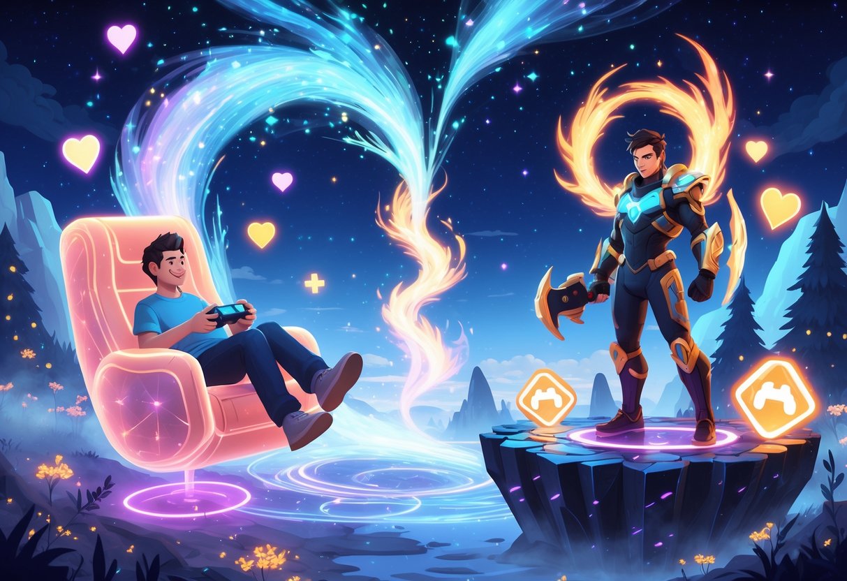 Dos personajes en un paisaje fantástico: uno relajado sentado en una silla flotante con luces suaves, y otro de pie con armadura brillante y energía intensa, rodeados de símbolos de videojuegos y un cielo estrellado.