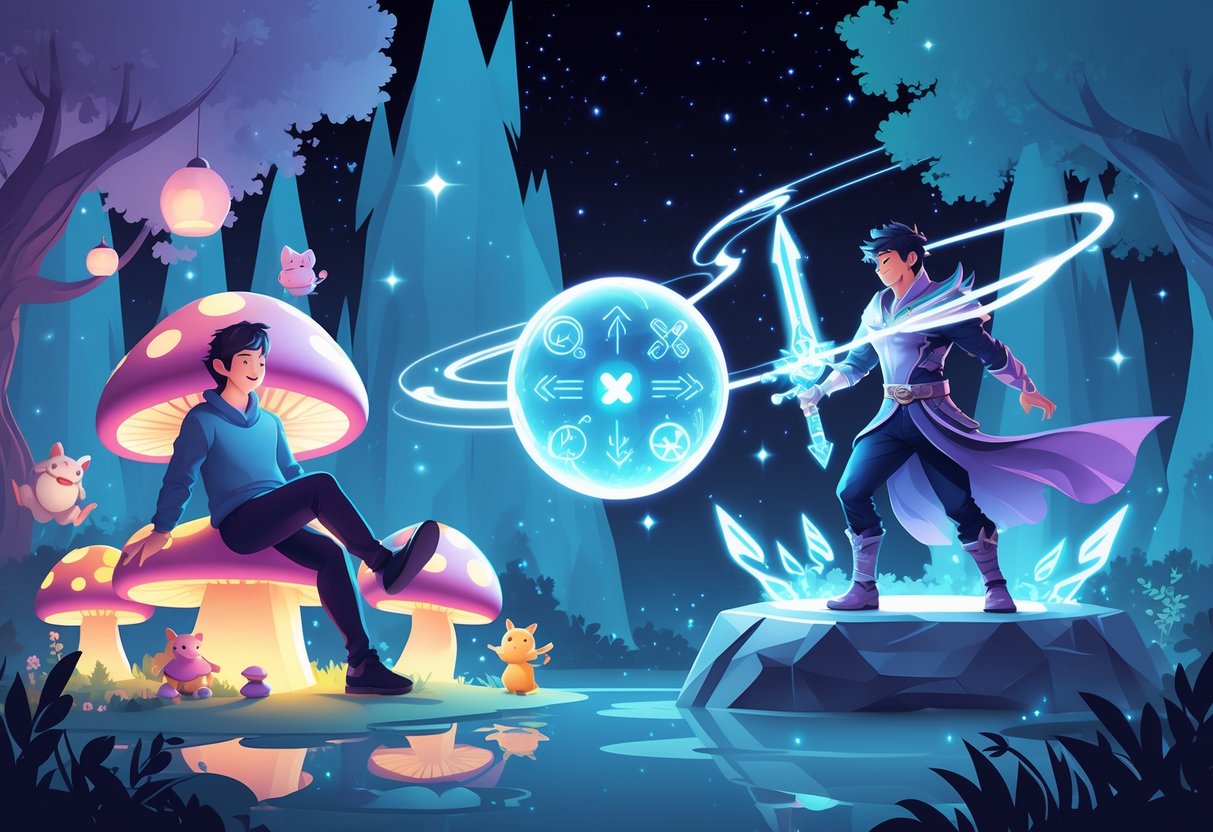 Dos personajes en un bosque mágico: uno relajado sentado en un hongo brillante y otro de pie con una espada luminosa, con un orbe mágico flotando entre ellos.