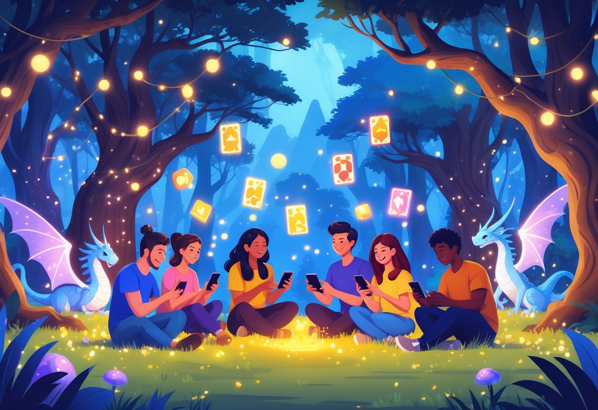 Un grupo de amigos jugando juntos con dispositivos móviles en un claro de bosque mágico iluminado por luces brillantes y rodeado de criaturas fantásticas.