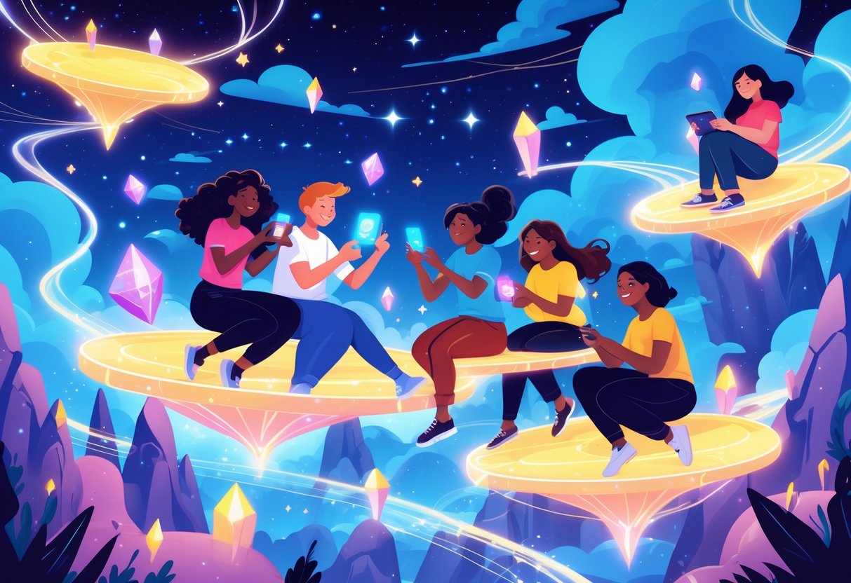 Un grupo de amigos jugando juntos en plataformas flotantes conectadas por puentes de luz en un cielo mágico con cristales luminosos y criaturas fantásticas.