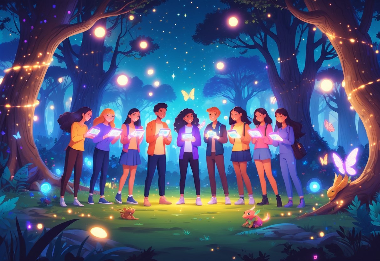 Un grupo de amigos jugando juntos en un bosque mágico, usando dispositivos móviles que proyectan luces y criaturas fantásticas alrededor.