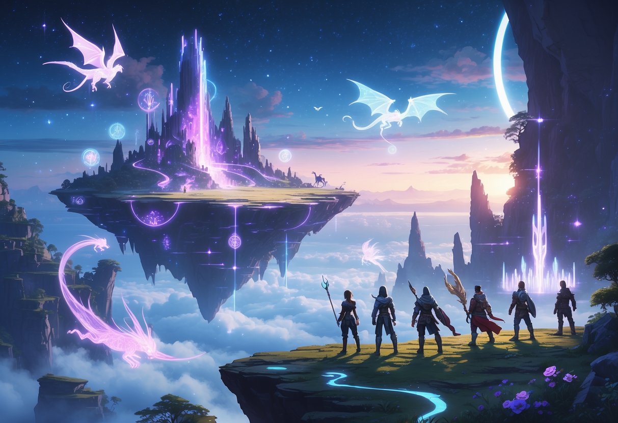 Un paisaje fantástico con una isla flotante iluminada, criaturas místicas volando y un grupo de aventureros observando portales brillantes en el horizonte.