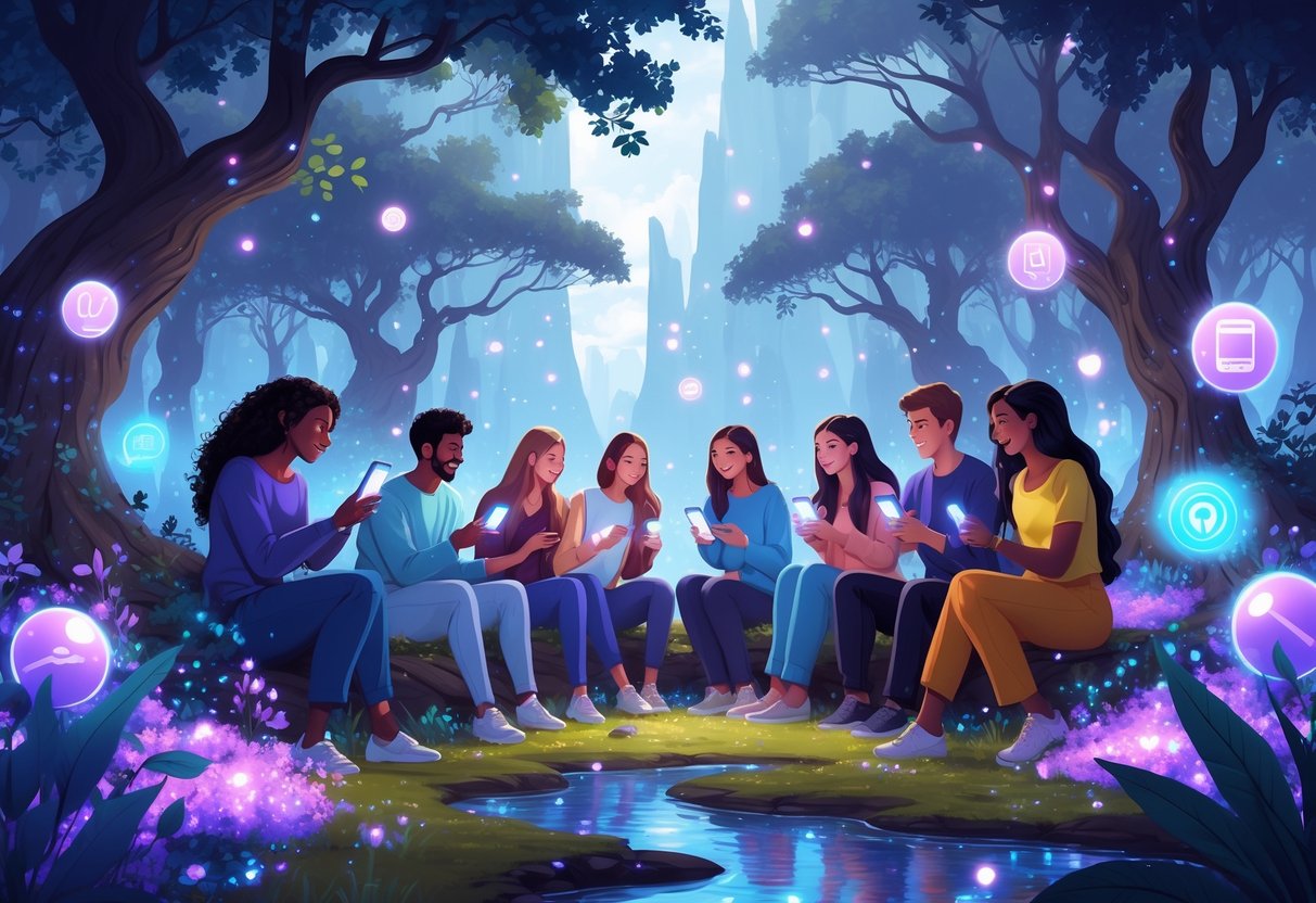 Un grupo de amigos juega juntos con dispositivos móviles en un claro de bosque mágico iluminado por luces brillantes y plantas fantásticas.