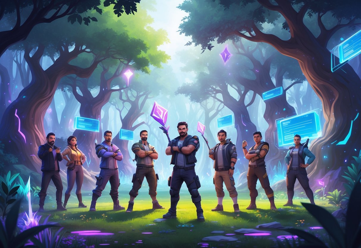 Diez personas latinas en un bosque mágico con elementos tecnológicos y efectos luminosos, representando a jugadores de videojuegos en un entorno fantástico.