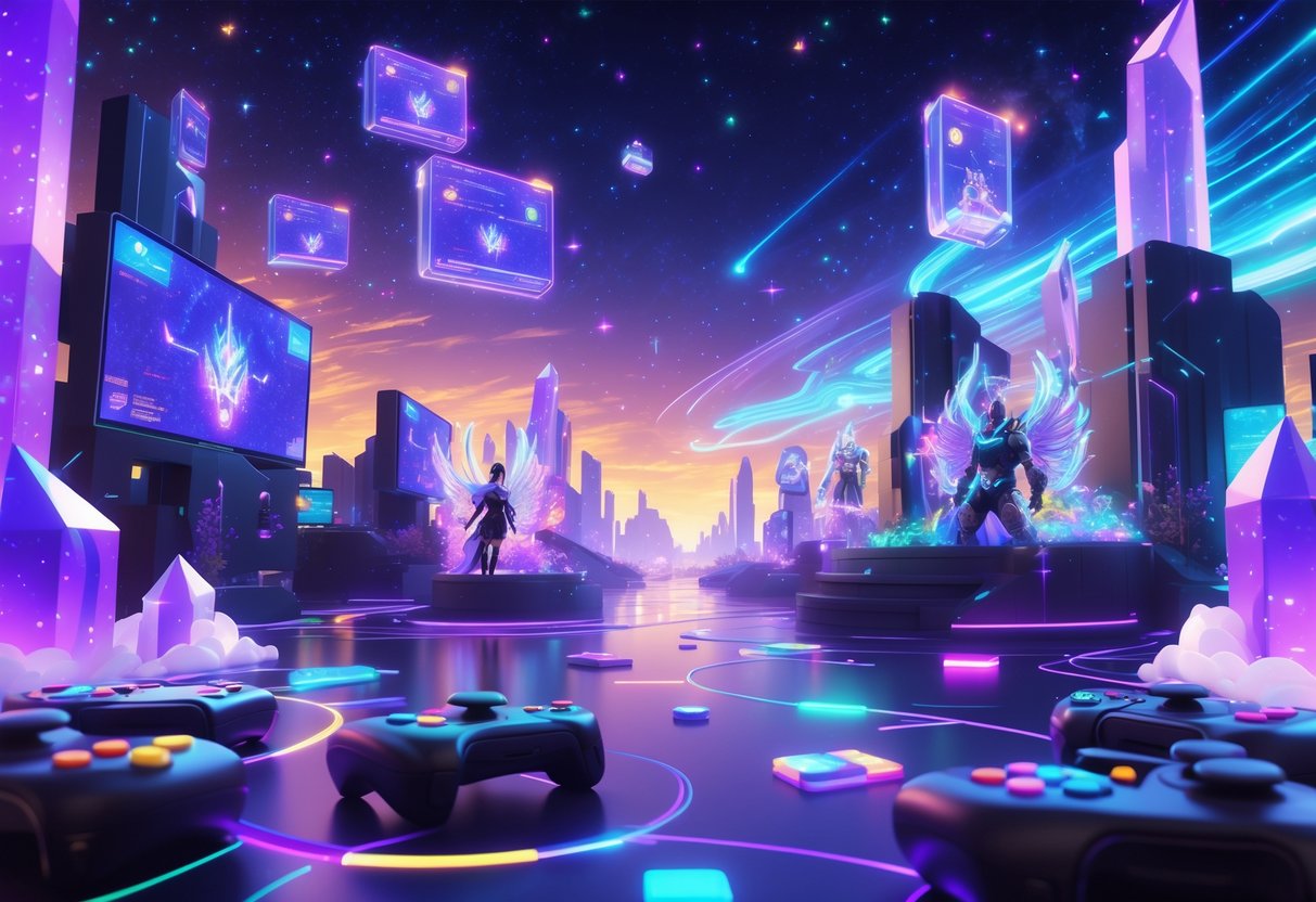 Una escena fantástica que muestra figuras luminosas en un mundo digital con estructuras flotantes y luces de colores, representando a streamers de videojuegos en un entorno futurista y mágico.