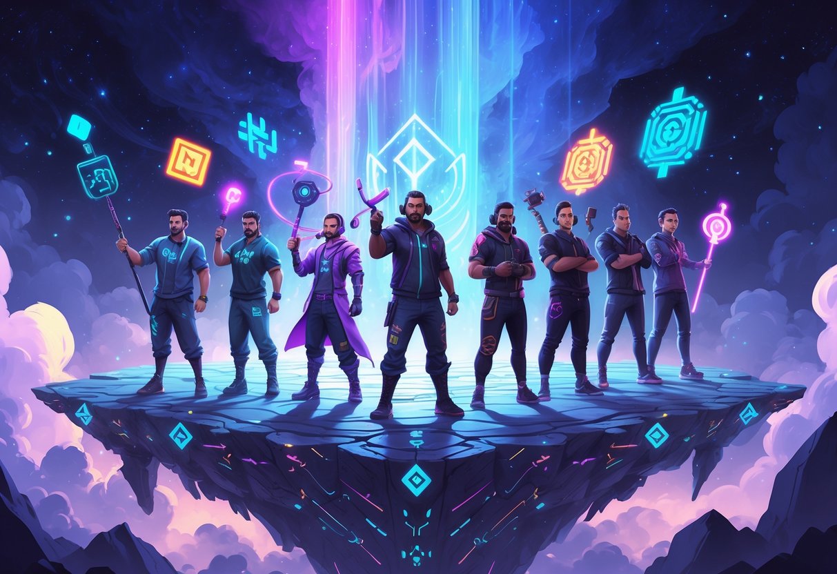 Diez personas reunidas en un escenario fantástico y luminoso, cada una con elementos que representan videojuegos, en un ambiente cósmico y mágico.