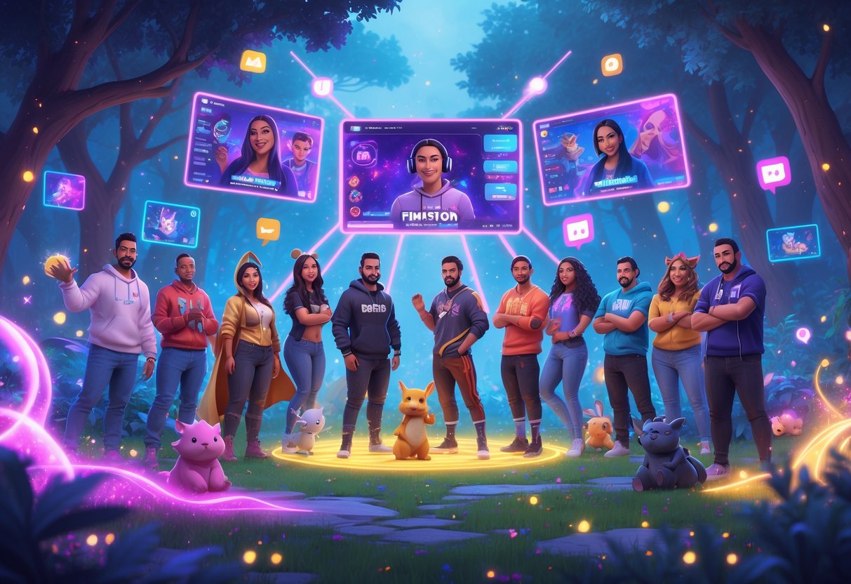 Un grupo de diez streamers latinos en un bosque mágico iluminado por luces de neón y pantallas flotantes, rodeados de criaturas fantásticas y elementos digitales, celebrando su éxito y conexión en la comunidad de videojuegos.