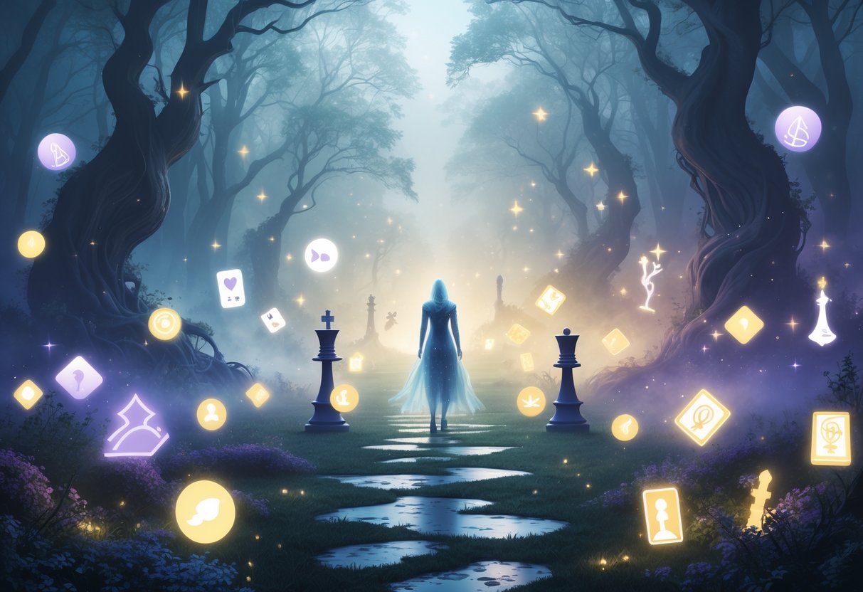 Una figura mística en un bosque encantado con dos caminos, uno oscuro y peligroso y otro iluminado que conduce a un castillo lejano.
