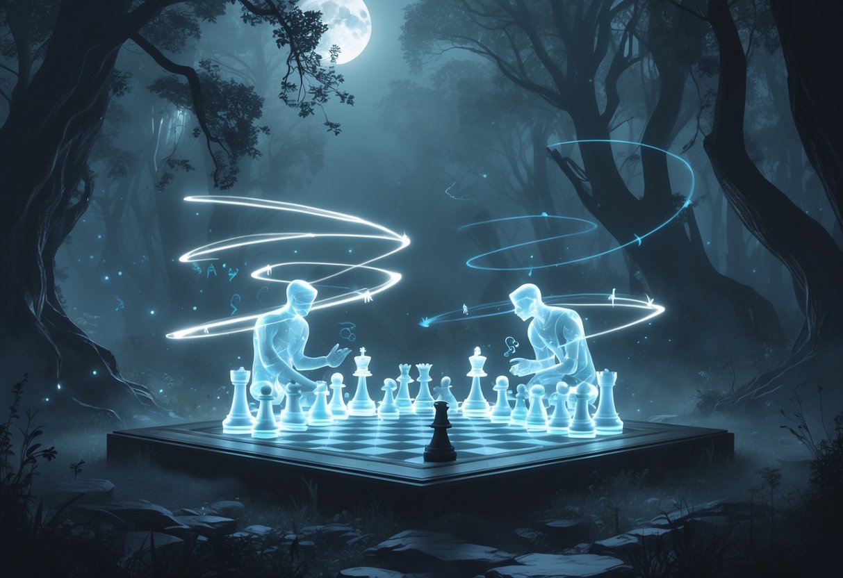 Un tablero de ajedrez flotando en un bosque brumoso con figuras translúcidas jugando, rodeadas de luces y símbolos que representan estrategias mentales.