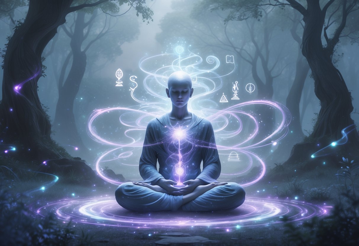 Una figura serena en meditación rodeada de luces brillantes y símbolos flotantes en un bosque nebuloso, transmitiendo concentración y conocimiento oculto.