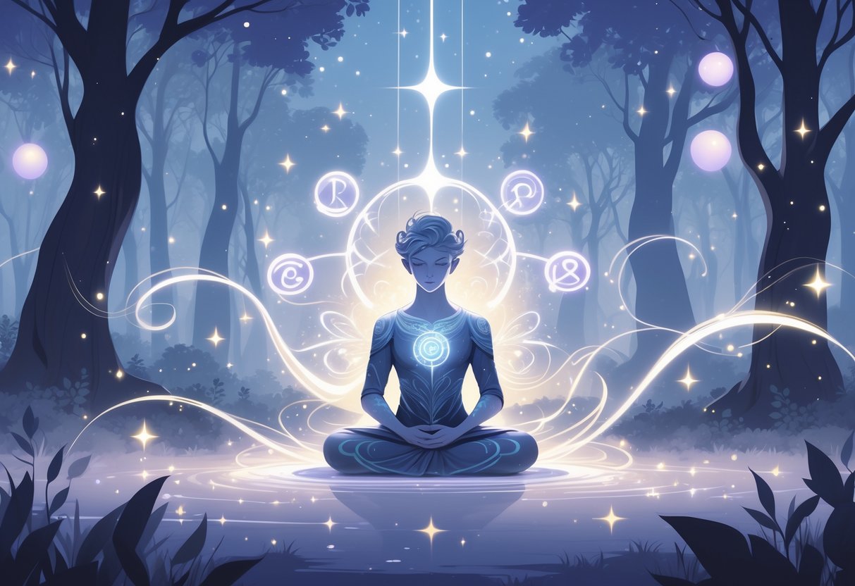 Un estratega sentado en un claro del bosque iluminado por luces mágicas, rodeado de símbolos flotantes que representan trucos mentales, en un ambiente tranquilo y lleno de energía sutil.
