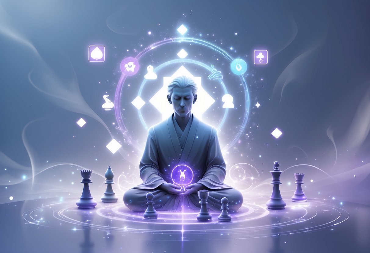 Una figura serena rodeada de símbolos brillantes y elementos flotantes de juegos, en un ambiente nebuloso y mágico.
