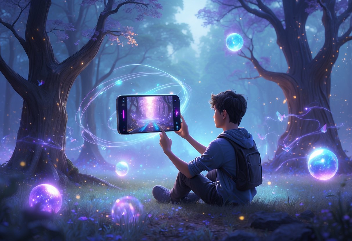 Un joven sentado en un claro de un bosque mágico, sosteniendo un teléfono móvil brillante mientras graba un videojuego, rodeado de luces y criaturas fantásticas.