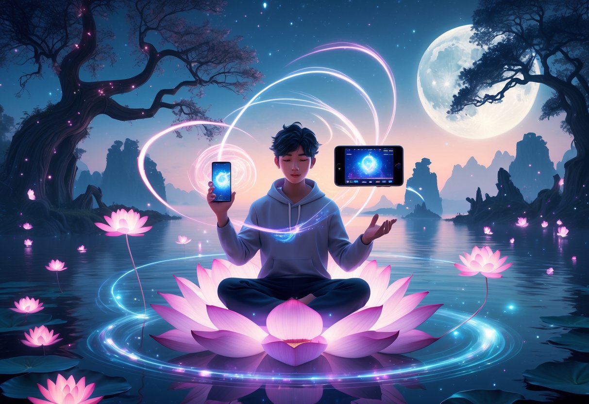 Una persona sentada sobre una flor luminosa flotando sobre un lago tranquilo al anochecer, sosteniendo un teléfono mágico con pantallas holográficas alrededor, rodeada de luces y árboles brillantes bajo un cielo estrellado.