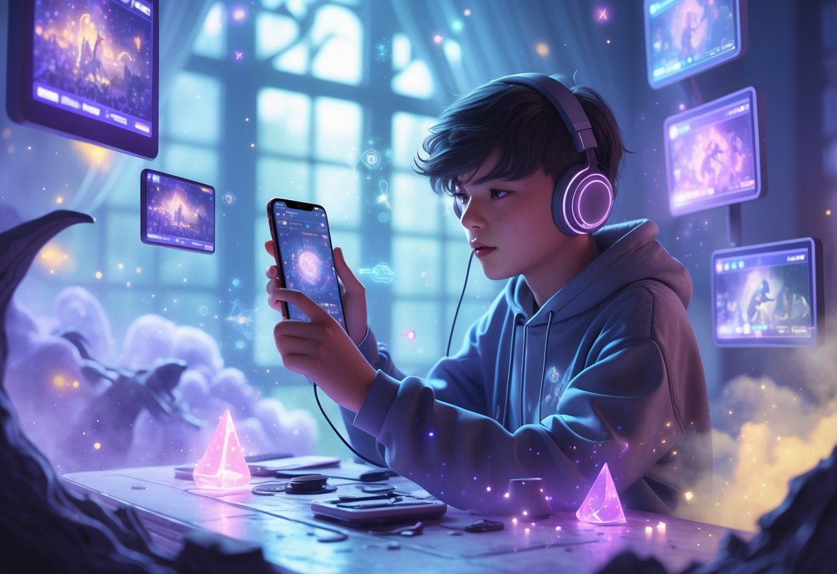 Una persona joven usando un teléfono brillante en una habitación mágica con pantallas flotantes mostrando imágenes de juegos, mientras se prepara para grabar y editar partidas.