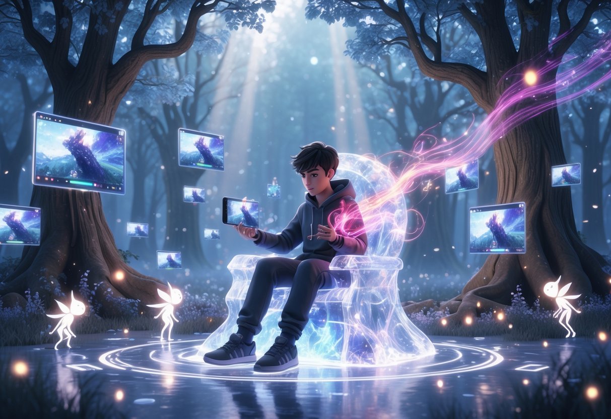 Un joven usando un dispositivo móvil en un bosque mágico con pantallas flotantes y luces brillantes que muestran la edición de videos de partidas.
