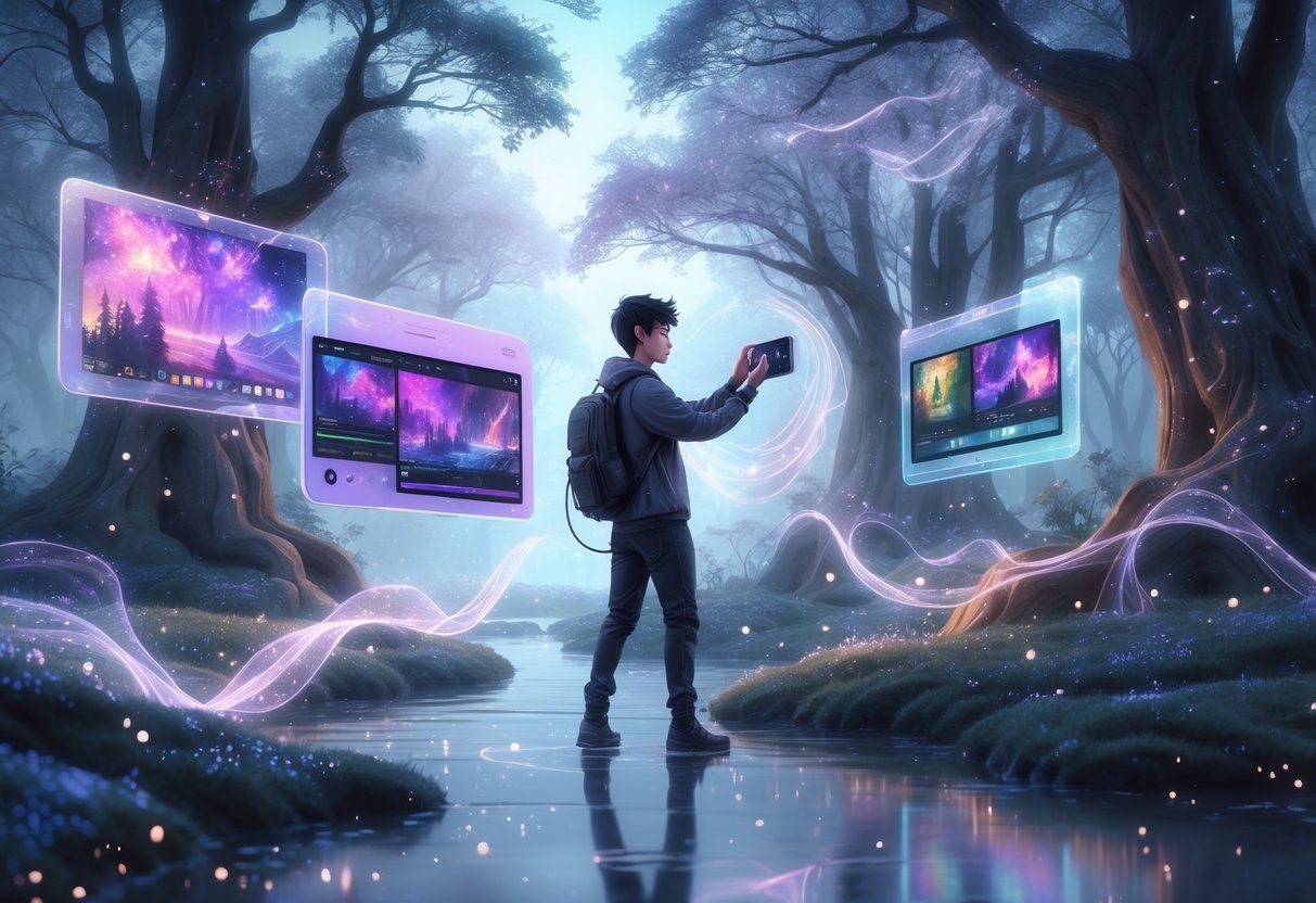 Un joven en un bosque encantado sostiene un teléfono móvil mientras captura y edita videos de juegos, rodeado de pantallas holográficas y luces brillantes.