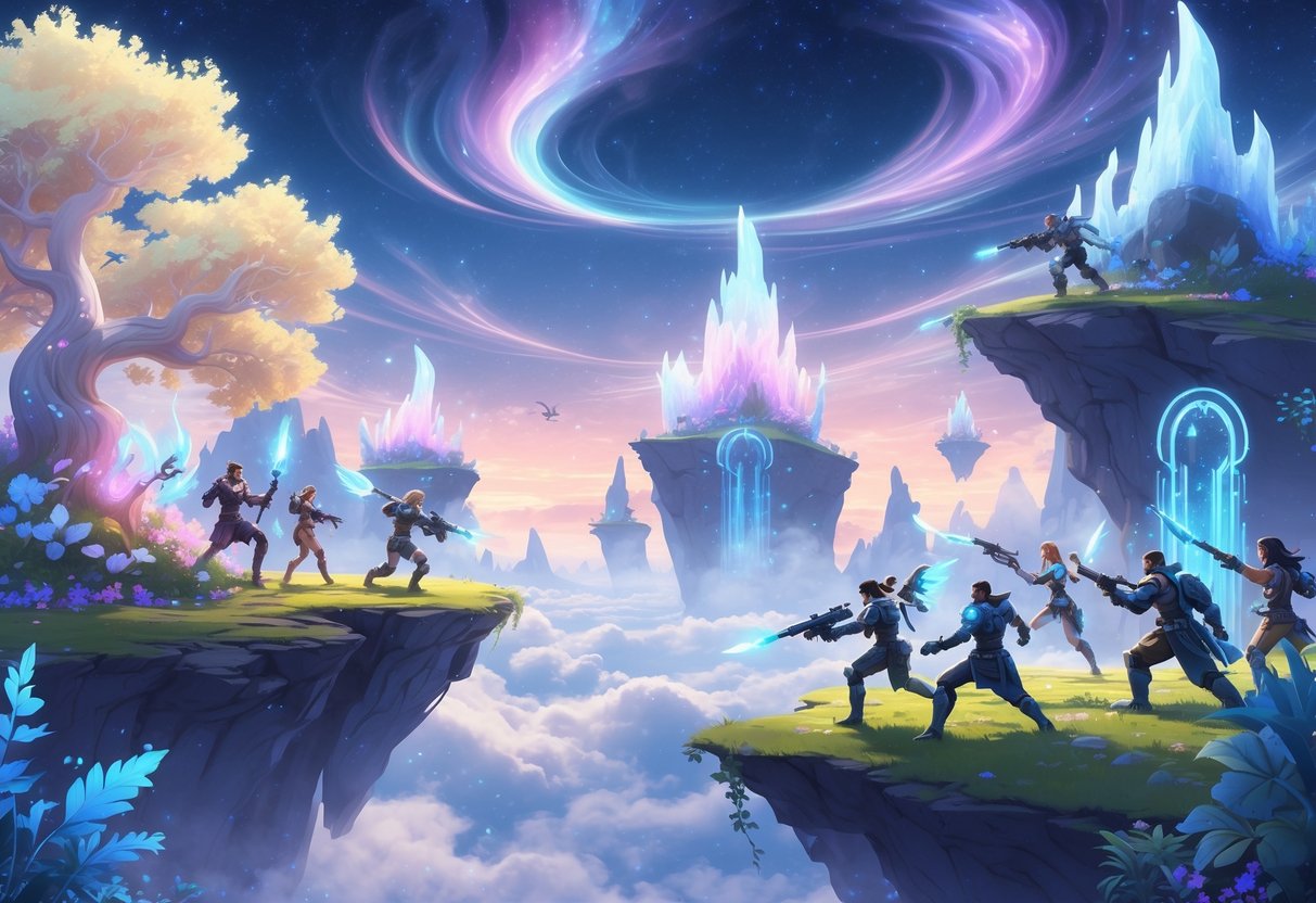 Personajes en armaduras fantásticas luchando en una isla flotante con árboles luminosos y un cielo lleno de auroras mágicas.