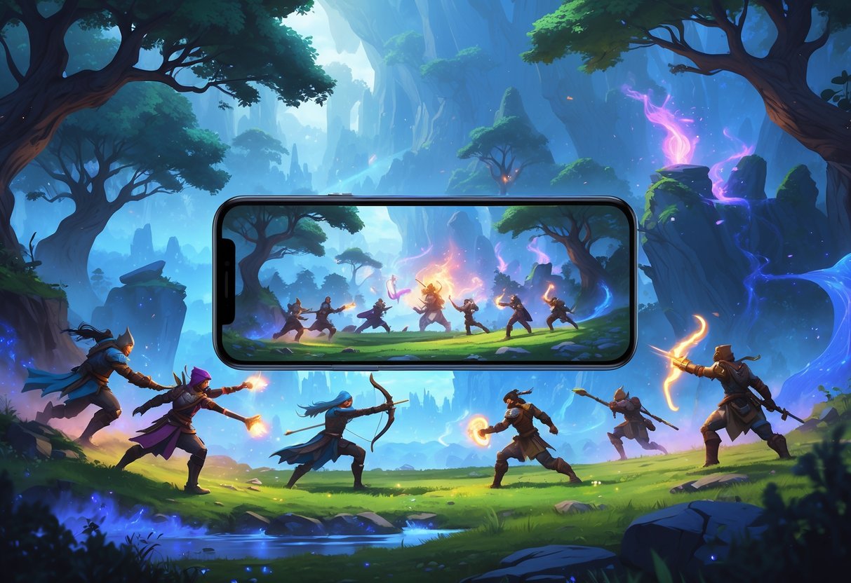 Un paisaje de fantasía con un dispositivo móvil flotando que muestra una batalla entre guerreros y magos en un bosque encantado iluminado por luces mágicas.