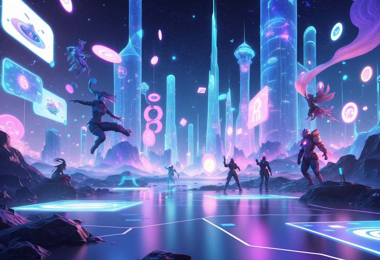 Un paisaje digital fantástico con personajes futuristas, criaturas míticas y pantallas holográficas en un entorno luminoso y colorido.