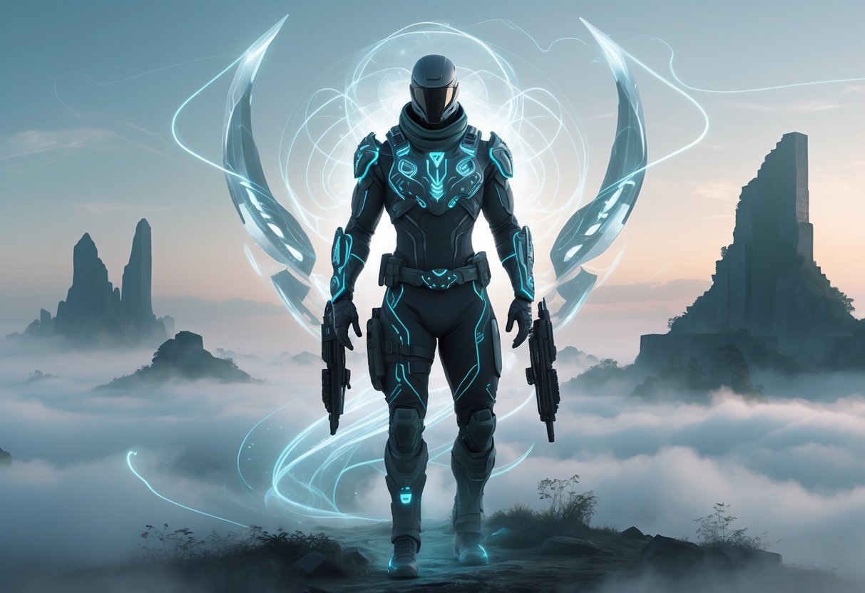 Un guerrero con armadura futurista y runas brillantes de pie en un campo de batalla neblinoso al amanecer, rodeado de elementos holográficos y ruinas flotantes en el fondo.