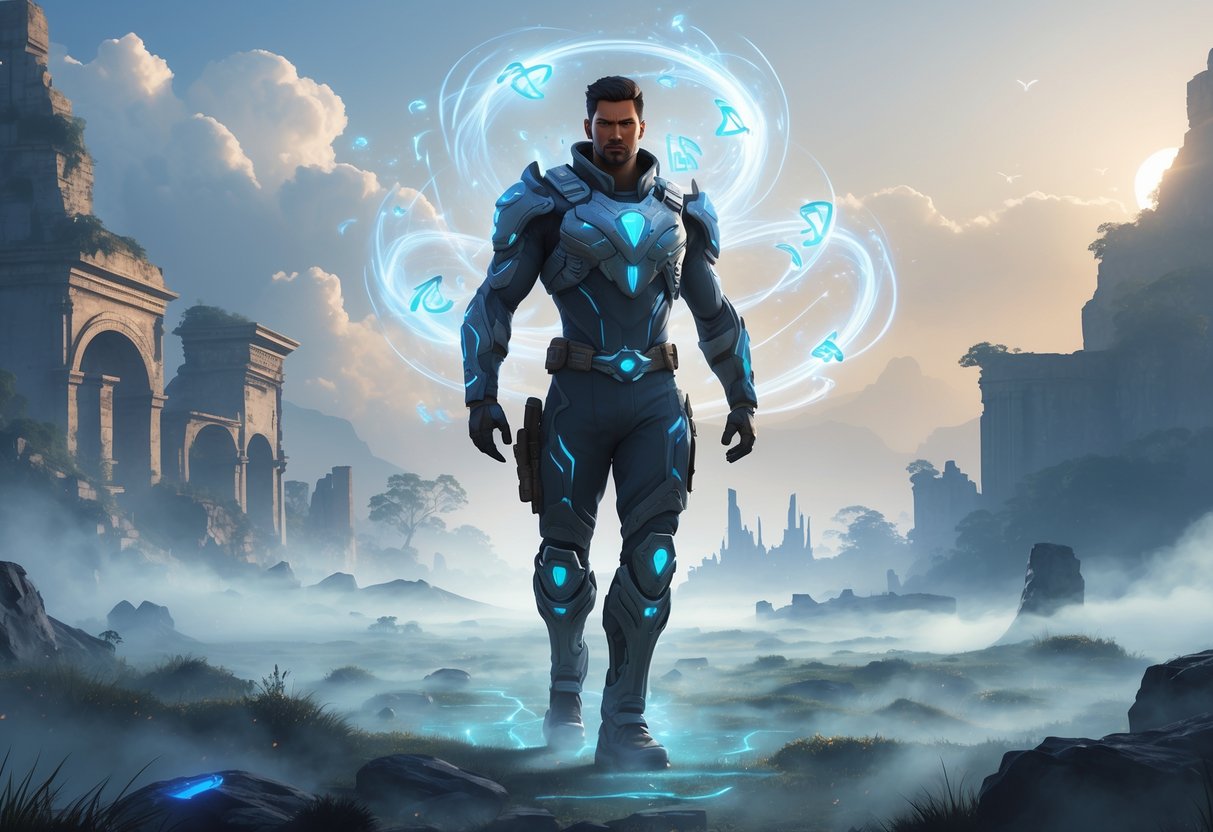 Un guerrero poderoso en armadura futurista de pie en un campo de batalla brumoso al amanecer, rodeado de energía mágica y símbolos brillantes, con ruinas antiguas y elementos tecnológicos en el fondo.