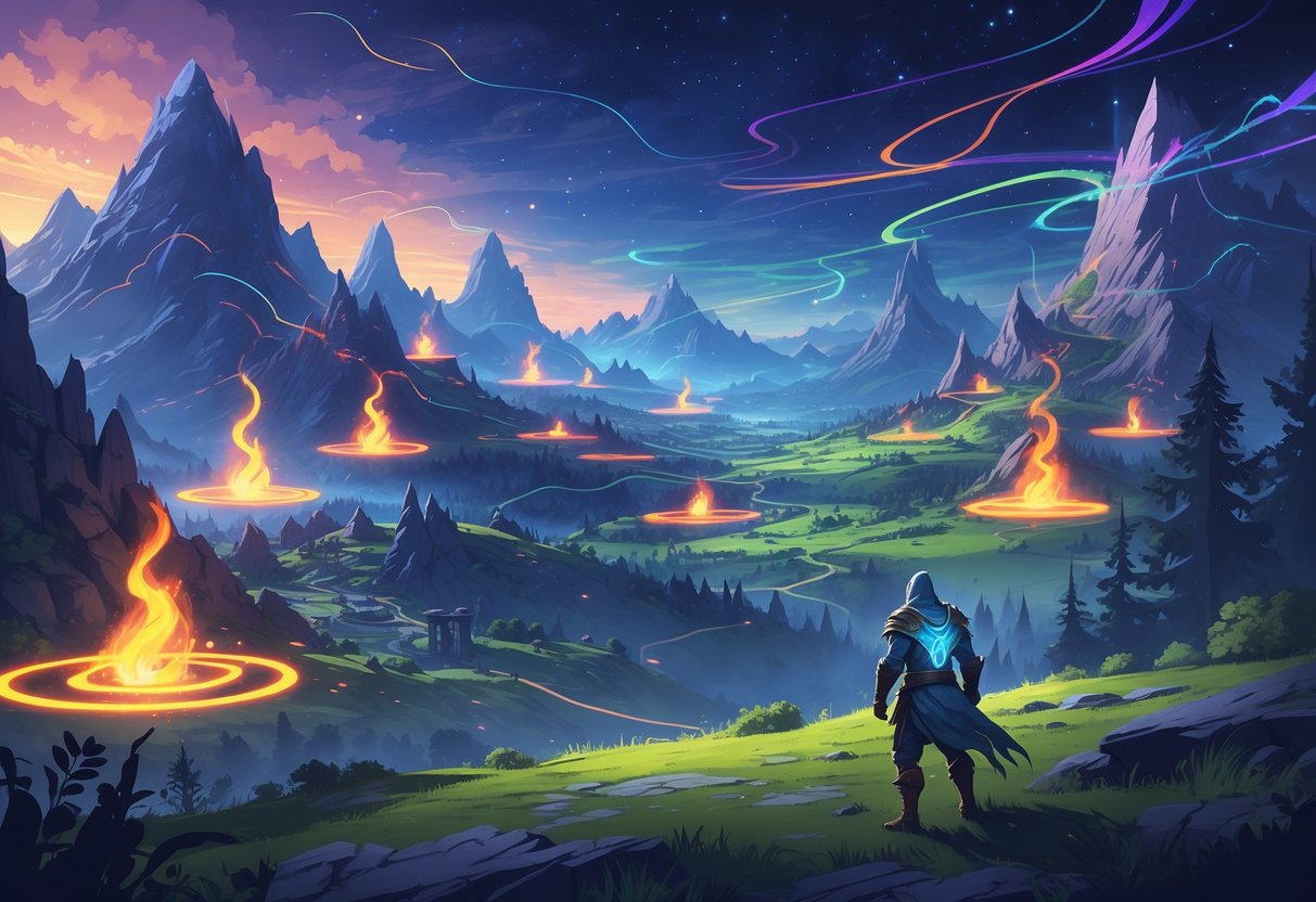 Un paisaje fantástico con montañas, bosques y ruinas antiguas, mostrando áreas peligrosas brillando con energía mágica, mientras un guerrero observa el terreno al atardecer.