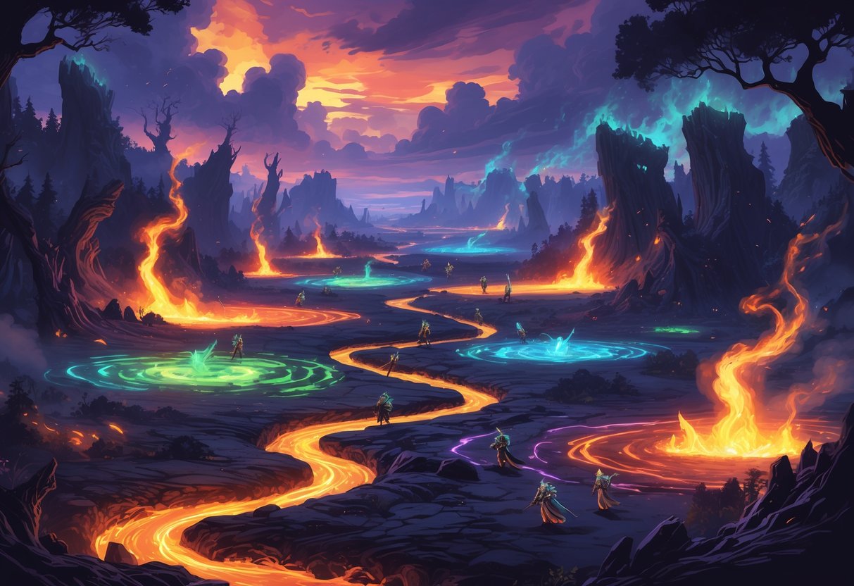 Un paisaje fantástico que muestra un campo de batalla con zonas peligrosas de lava y bosques oscuros, junto a áreas tranquilas iluminadas por luces mágicas, con guerreros en armaduras brillantes posicionados estratégicamente.