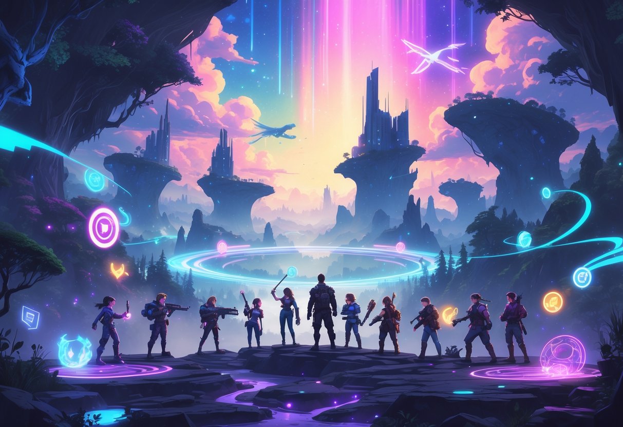 Una escena fantástica con un paisaje futurista y mágico donde personas juegan videojuegos rodeadas de elementos brillantes y criaturas voladoras en un cielo colorido.