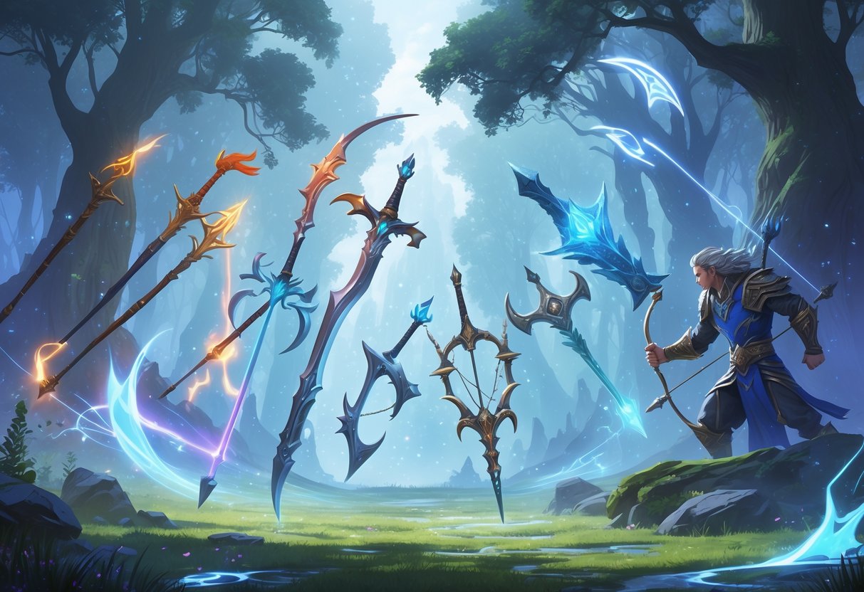 Un campo de batalla fantástico con armas legendarias flotando y brillando con energía mágica en un bosque encantado.